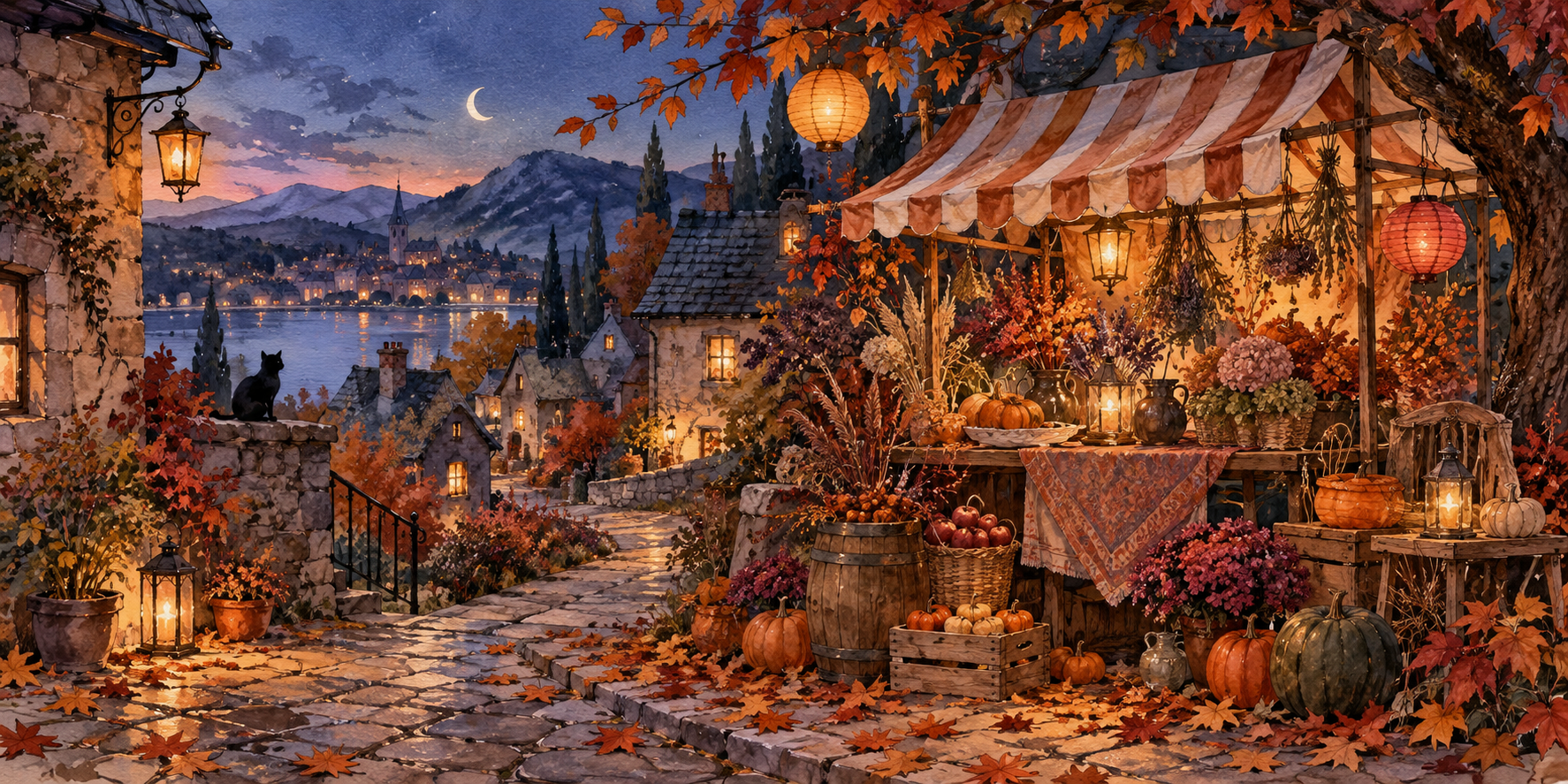 Ein kleiner herbstlicher Halloween-Markt in der Abenddämmerung, mit Kürbissen, Laub und warmen Laternen